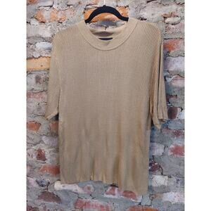 Sag Harbor Womens Ribbed Knit Top Short Sleeve Large Tan Rayon Mock Neck